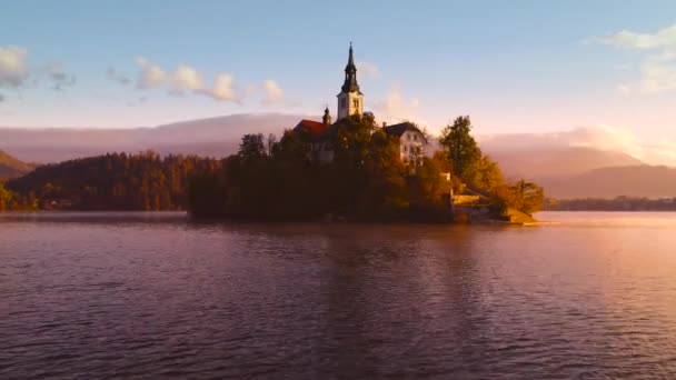 Lago Bled Esloveno Pôr Sol Vista Aérea Espetacular Outono Sobre — Vídeo de Stock