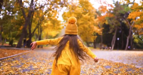 Happy Girl Woman Enjoying Autumn Leaves Nature Playing Park — Stock Video