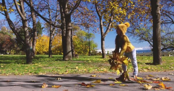 Gelukkig Meisje Spelen Met Gevallen Bladeren Herfst Park Kind Heeft — Stockvideo