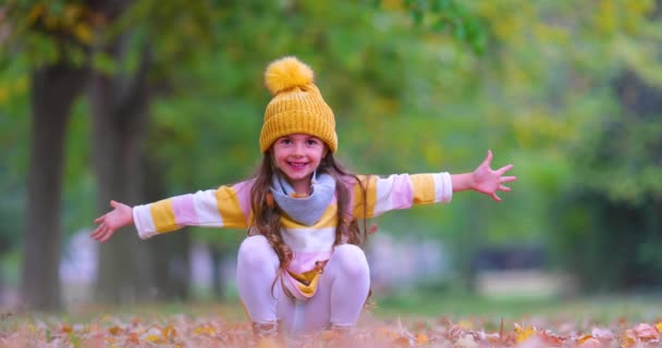 Fille Dans Parc Automne Jouer Avec Des Feuilles Colorées Joyeux — Video