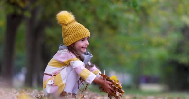 Gelukkige Kleine Jongen Lachen Spelen Met Vallende Herfstbladeren Het Park — Stockvideo