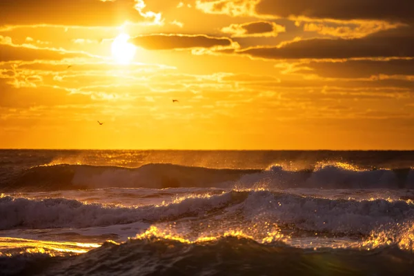 Golden Splashing Waves Sunrise Sea — Stock Photo, Image