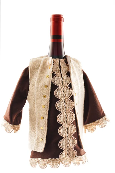 Garrafa de vinho vestida com traje de boiardo folclórico europeu — Fotografia de Stock