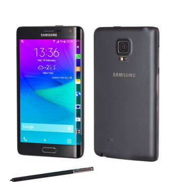 Siyah bir Samsung Galaxy Not kenar Smartphone önden ve arkadan görünüm