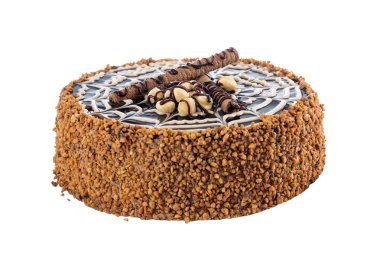 Beyaz arka planda izole edilmiş çikolatalı pasta.