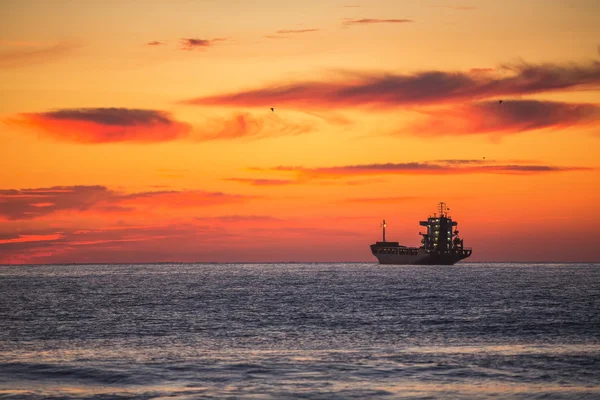 Navio de carga navegando ao nascer do sol perto do porto do mar — Fotografia de Stock
