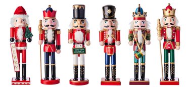 Fındıkkıran Noel askerleri, beyaz arka planda izole edilmiş fındıkkıranlar, tatil oyuncakları