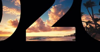 2026 yılına hoş geldiniz cennet adası manzarası arka planı, palmiye ağaçları ile tropik günbatımı sahili sakin dalgalar.