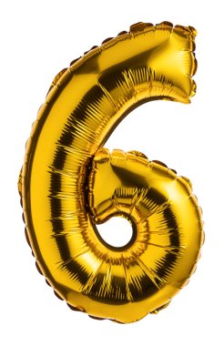 6 numaralı altın balon, balonlar beyaz arka planda izole edilmiş yıldönümü, doğum günü, düğün için şenlik süslemeleri.