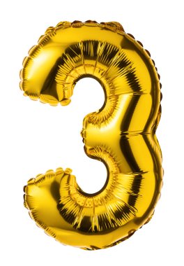 3 numaralı altın balon, balonlar beyaz arka planda izole edilmiş yıldönümü, doğum günü, düğün için şenlik süsleri.