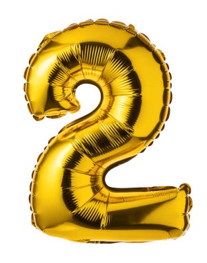 2 numaralı altın balon, balonlar beyaz arka planda izole edilmiş yıldönümü, doğum günü, düğün için şenlik süslemeleri.