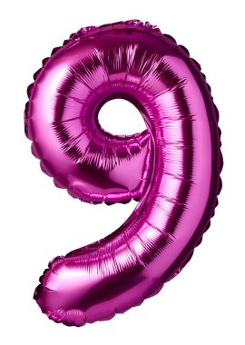 9 numaralı pembe balon, balonlar beyaz arka planda izole edilmiş yıldönümü, doğum günü, düğün için şenlik süslemeleri.