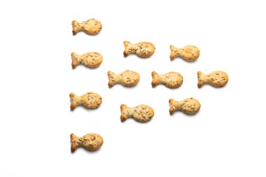 Beyaz arka planda izole edilmiş Balık şekilli Peynir ve Krakerler