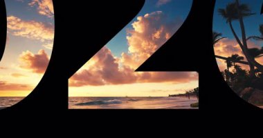 2026 Cennetin yeni yılı, tropikal ada plajının palmiye ağaçları, Bavaro Punta Cana Dominik Cumhuriyeti