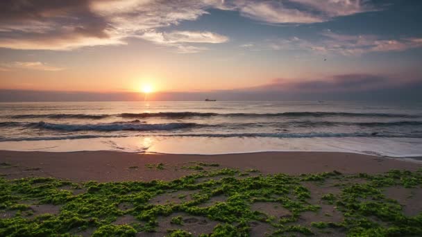 Beautiful sunrise over the sea. Splashing waves on the beach, video. — Stock Video