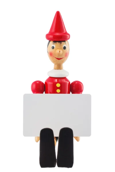 Pinocchio Lügner Spielzeug Statue und Blanko-Karte Studio isoliert — Stockfoto