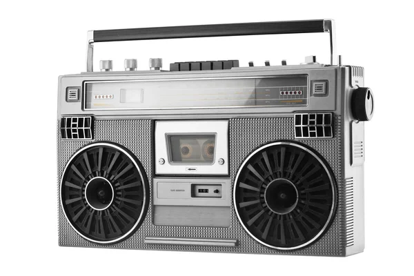 Srebrny stary szkoła ghetto blaster lub boombox na białym tle — Zdjęcie stockowe