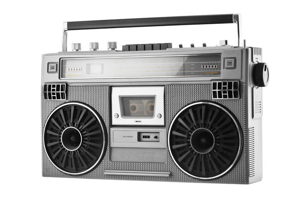 Silver retro ghetto blaster or audio boombox isolated on a white background