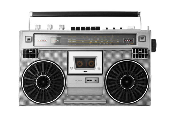 Silver retro ghetto blaster or audio boombox isolated with clipping path