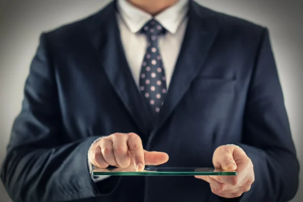 Business man holding blank futuristic transparent mobile, smart — Stock Photo, Image