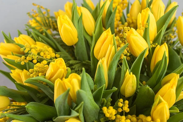 Bright spring bouquet of tulips and mimosa flowers — Stock Photo, Image