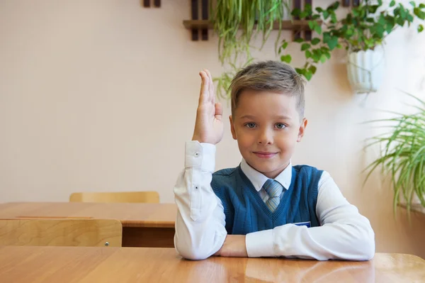 Lycklig skolpojke sitter vid skrivbord — Stockfoto