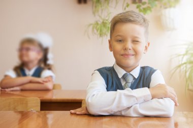 Happy schoolboy sitting at desk clipart