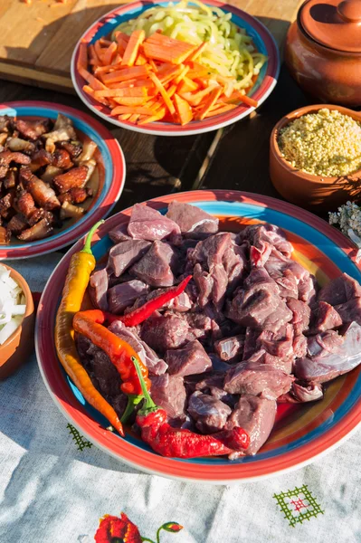 Russian table with raw meat — Stock Photo, Image