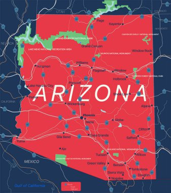 Arizona eyaletinin ayrıntılı düzenlenebilir haritası