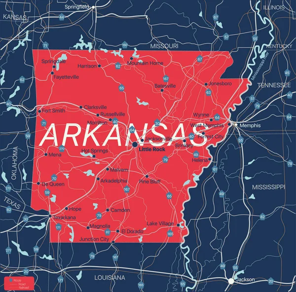 Arkanzas estado mapa editable detallado — Archivo Imágenes Vectoriales