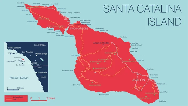 Santa Catalina Adası 'nın detaylı haritası, Kaliforniya, ABD — Stok Vektör