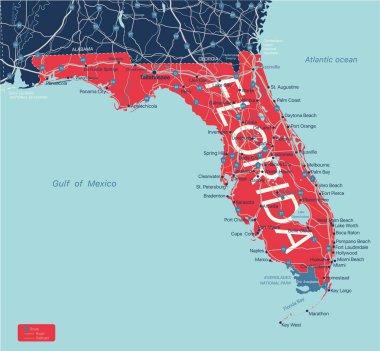 Florida eyaletinin detaylı düzenlenebilir haritası