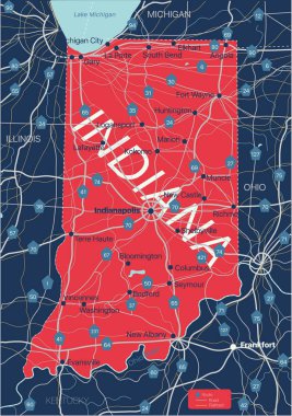 Indiana eyaletinin ayrıntılı düzenlenebilir haritası
