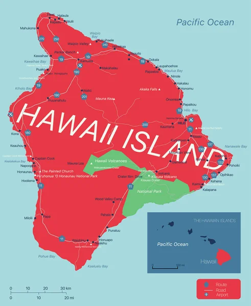 Isola delle Hawaii mappa dettagliata modificabile — Vettoriale Stock