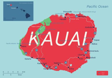 Kauai island detailed editable map clipart