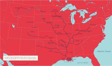Mississippi River Basin in the USA detailed editable vector map