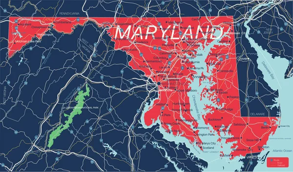 Maryland stav detailní upravitelná mapa — Stockový vektor
