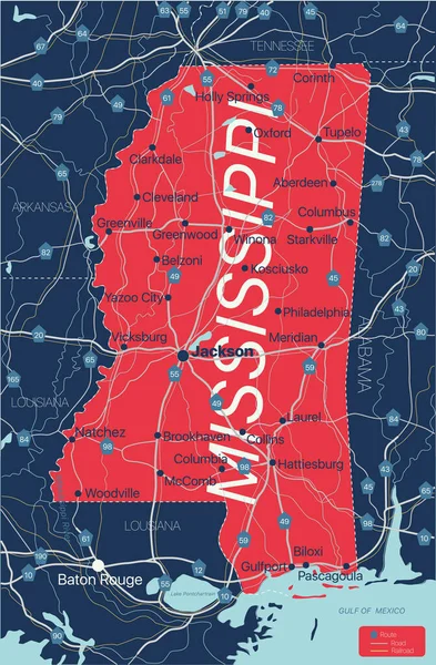 Mapa editable detallado del estado de Mississippi — Archivo Imágenes Vectoriales