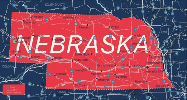 Nebraska estado mapa editable detallado — Vector de stock