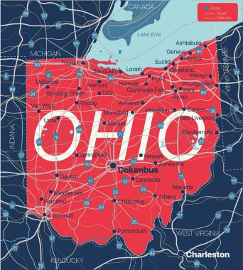 Ohio eyaletinin detaylı düzenlenebilir haritası