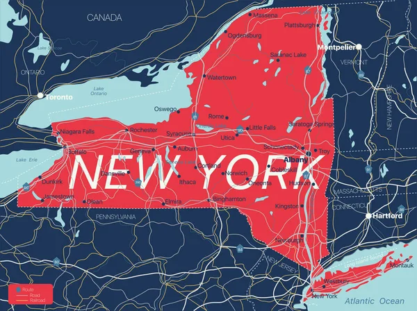 Πολιτεία της Νέας Υόρκης λεπτομερής επεξεργάσιμος χάρτης — Διανυσματικό Αρχείο