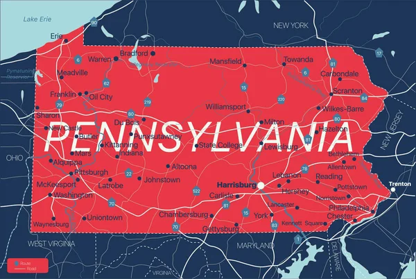 Pennsylvania state detailed editable map — Stock Vector