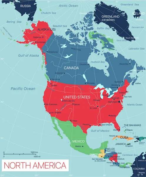 Nordamerika ange detaljerad redigerbar karta — Stock vektor