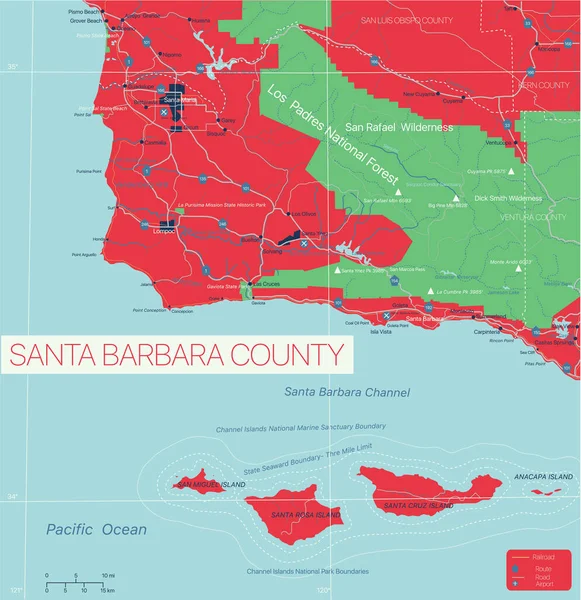 Mapa editable detallado del estado del Condado de Santa Barbara — Archivo Imágenes Vectoriales