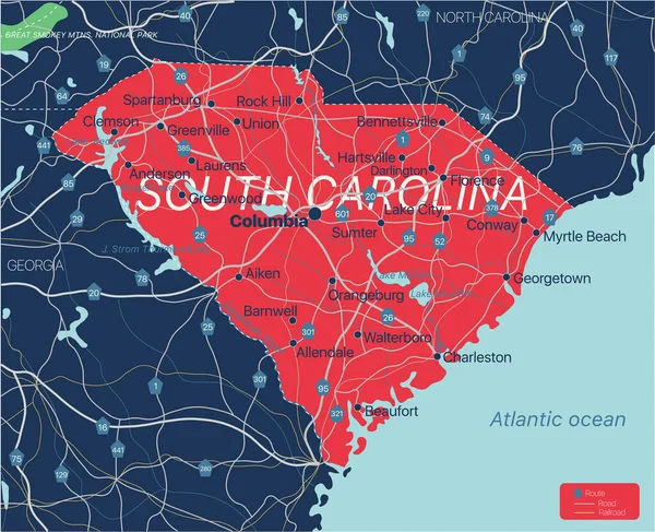 Estado de Carolina del Sur mapa editable detallado — Archivo Imágenes Vectoriales