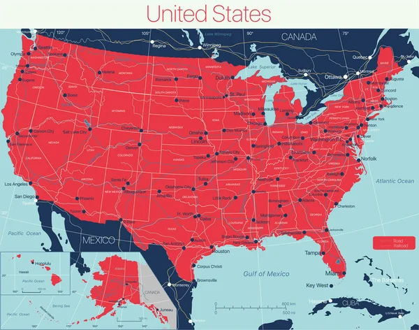 Estados Unidos da América Estado detalhado mapa editável — Vetor de Stock