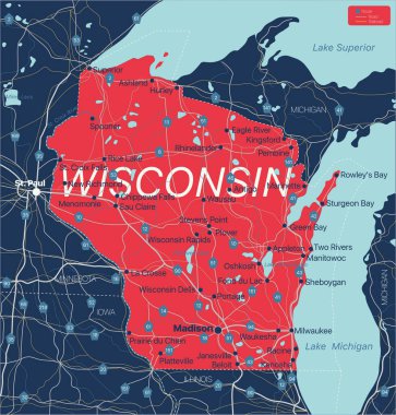 Wisconsin state detailed editable map clipart