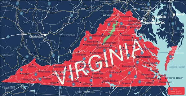 Virgínia estado detalhado mapa editável — Vetor de Stock