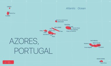 Azores adaları, Portekiz detaylı düzenlenebilir harita