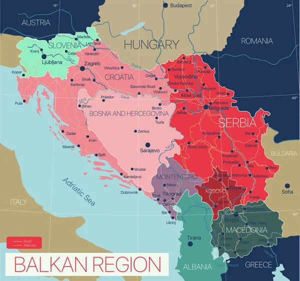 Región de los Balcanes mapa editable detallado — Archivo Imágenes Vectoriales